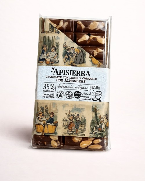 Tabletón Chocolate con Leche, Caramelo y Almendras Apisierra | Chocolate Artesanal Gourmet
